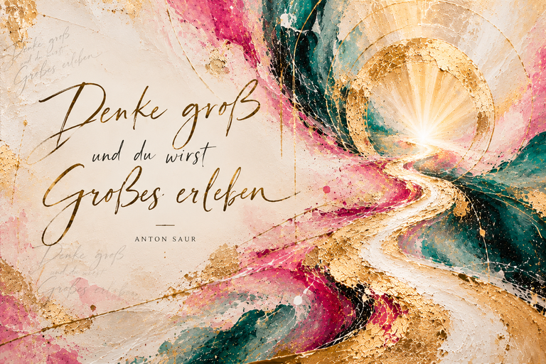 Farbenfrohes abstraktes Wandbild mit Goldakzenten, das einen von Pink, Grün und Weiß geprägten Weg zeigt, der auf eine helle, strahlende Lichtquelle zusteuert. Auf der linken Seite steht der inspirierende deutsche Text "Denke groß und du wirst Großes erleben" von Anton Saur.